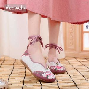 Casual Shoes Veowalk Pink Beige Patchwork Women Linen Cotton Ankle Strap Ballet Flats Comfortable Ladies Ballerinas Embroidered