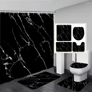 Shower Curtains Black Marble Curtain And Rug Set Luxury Gold Textured Art Hanging Toilet Seat Cover Bathroom Decor