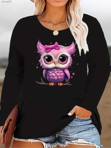 Camiseta feminina Plus Size Cartoon Cute Bow Purple Owl Print Graphic Manga Longa T-shirt retro unissex casual feminino manga longa 2403