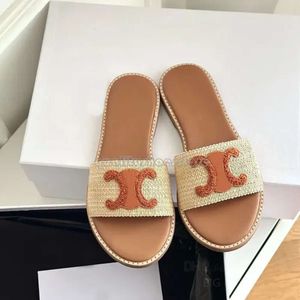 Mulher cels syle sraw weave chinelos sandálias designer slide sapatos casuais mulas lã preto whie ine sapatos sexy masculas mulheres marrom sliders sliders fla sandale 763