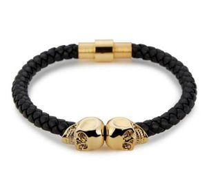 Sälj Mens Black äkta läder flätade skalle armband män kvinnor rostfritt stål guld norra skalle armfashion smycken5925755