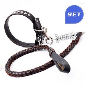 Hundkrage Läderkrage Leash Set Spiked Studded Pet justerbar flätad buffertfjäder för medelstora stora hundar