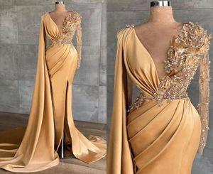 Vintage Gold Long Sleeve Evening Dresses Formal Occasion Women Dress Mermaid V Neck Sexy Beads Sequined Party prom Gowns4474562