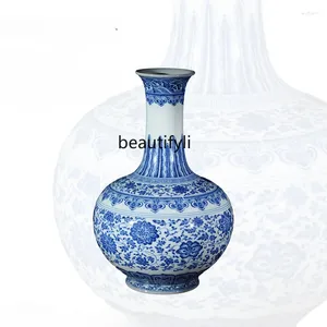 Vases Jingdezhen Blue And White Porcelain Hand-painted Ceramic Living Room Entrance Ornaments Entangled Lotus Vase Home Decor