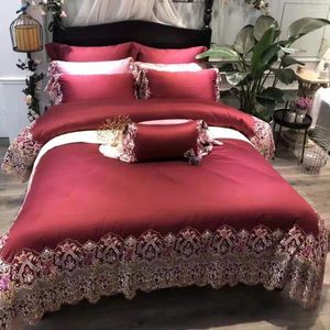 Bedding Sets 1000tc Luxury Lace Capa de linho de casal de linho vermelho -algodão egípcio