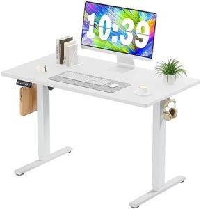 Elektrikli Daimi Masası - 40 x 24 inç Ayarlanabilir Yükseklik, Ekleme Tahtası ile Ayağa Kalkmak İçin Oturun, Yükselen Ev Ofisi Bilgisayar Beyaz