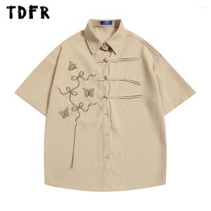 Men's Casual Shirts Butterfly Embroidery Short Sleeve Mens Retro Loose Summer Half-Sleeve Single Breasted Waffle Texture Men