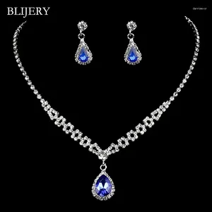 Halsband örhängen set Blijery Royal Blue Teardrop Crystal Bridal Silver Color For Women Wedding Engagement Smycken