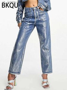 Jeans femininos Bkqu Metallic High Caustra Jeans reta Mulheres 2023 Autumn New Impressão solta calça de jeans de perna larga strtwear harajuku vintage T240412
