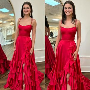 Sexy rote Promise eine Linie Spaghetti Abendkleider eleganter Rüschen Oberschenkel Splitter Rücken Satin formelle Kleider für Frauen