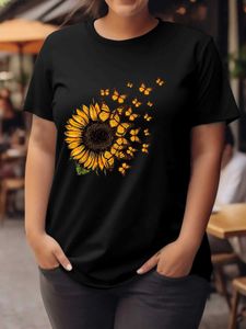 Women's T-Shirt Plus size fashion casual Orange Sunflower Butterfly T-shirt Women Clothing Graphic T Shirt Vintage Unisex Casual Female Tops TeeL2403