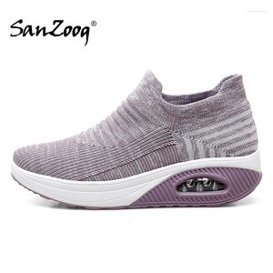 Casual Shoes Slip On Fashion Sneakers Sock for Women Air Mesh Flats vår sommar 2024 Svartrosa lila