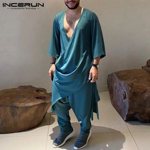 INCERUN Men Sets V Neck 3/4 Sleeve Lace Up Irregular Shirt Kaftan Pants 2PCS Solid Muslim Clothing Casual Men Suits S-5XL 240402