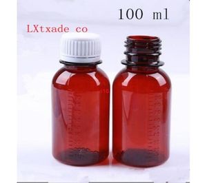 fast shippingFree Shipping 100ml brown Pstic liquid Empty Bottle scale of medicine container gasket Syrup Essential oil jars 50 pcs1580853