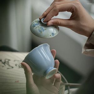 ティーウェアセット紫色の手描きの菊のinlicum bin gao foot tureen flower mouthセラミックティーボウルメインセット