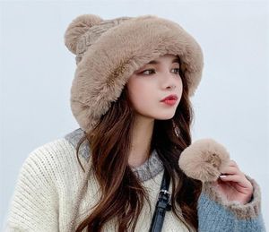Beanieskull Caps Fashion Plush Pompom Thicken Hats For Women Girls Winter Warm With Earmuffs Windproof Snowproof Soft 2210131446890