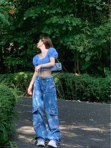 Jeans femminile estate coreana chic design progettata larga larga gamba larga donna stampe grafica a farfalla y2k pantaloni da carico in denim estetico