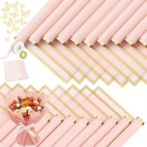 Party Decoration 20 Sheets Gold Edge Flower Wrapping Paper Bouquet Packaging Florist Supplies For Wedding (Rose Pink)