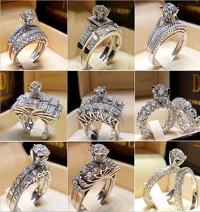 30pcslot mixed Crystal White Round Ring Set Brand Luxury Promise Silver Engagement Ring Vintage Bridal Wedding Rings for Woman8579503