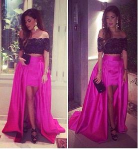 Unique Two Piece Prom Dresses Party Evening Gowns Black And Fuchsia High Low Prom Gowns Lace Off The Shoulder Pageant Dresses9778550