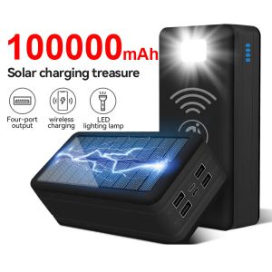 Banks 100000mAh Solar Power Bank Fast Charging Solar Charging Mobile Trådlös laddning av stor kapacitet Batteri Externt batteri