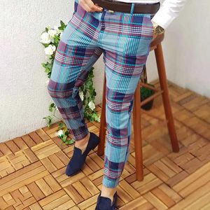 Erkek pantolon moda erkek ekose baskı kalem 2024 gündelik ince fit jogging erkek ofis iş sıska pantolon pantalon homme