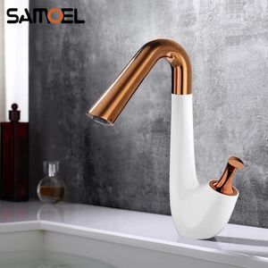 Bathroom Sink Faucets Luxury Creative Lmitation Pipe Design White And Rose Gold Faucet Rotating Basin Cold Water Mixer Tap W3060