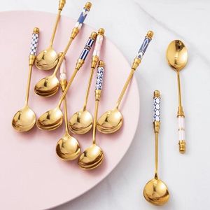 Coffee Scoops Stainless Steel Dessert Spoon Ceramic Long Handle Icecream Teaspoon Gold-plated Stirring Kitchen Tableware