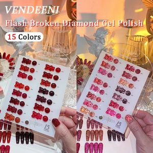 Vendeeni 15 Colors Red Flash Broken Diamond Gel Nail Polish Set Glitter UV LED Soak Off Gel Varnish Reflective Shiny Gel Lacquer 240410