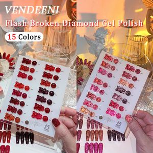 VENDEENI 15 RENK Kırmızı Flaş Kırık Elmas Jel Oje Seti Parıltılı UV LED GEL VERNİK VERNİK YEDEKLİ Parlak Jel Lacquer 240410