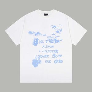 High Version b Family Blue Sky White Clouds Graffiti Printed T-shirt with 24ss Couple Style Fashionable Versatile Loose Fitting Trendy Short Sleeves