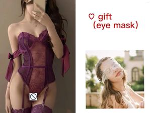 Bras sätter valentin transparent bodysuit strumpeband strumpor spetsar intimat erotiska lila underkläder kvinnors sexiga underkläder 18 bilizna