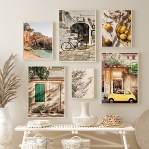 Винтажный пастырский итальянский городской стены искусство домашнее сад растения холст автомобильные велосипедные плакаты и принты гостиная спальня