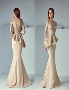 Champagne Mermaid Peplum Prom Dresses Jewel Neck Illusion Long Sleeves Lace Applique Zipper Back Party Evening Morther of Bride Go6091447