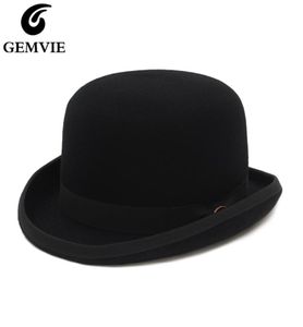 Gemvie 4 Renk 100 Yün Keçi Derby Bowler Hat Erkekler Kadınlar Saten Düzenli Moda Partisi Resmi Fedora Kostüm Sihirbaz Şapkası 2205077809857