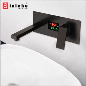 Bathroom Sink Faucets Matte Black Bathtub Faucet Waterfall Digital Display Basin Mixer Tap Solid Brass Wall Mount Wash