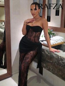 Casual Dresses TRAFZA Sexy Black Lace Jumpsuit Women Wide-Leg One Pieces Female Exposed Shoulders Bodysuit Woman Chic And Elegant Long