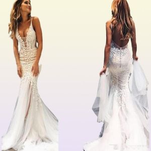 İnanılmaz Detay Açık Denizkızı Gelinlik Dantel Seksi Derin V Boyun Vestidos De Novia Sırtsız Boho Ülke Plajı Gelin Gowns9603890