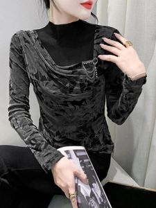 Women's T Shirts Half Turtleneck T-shirt Long Sleeved Autumn Fashion Printed Flocking Mesh Top Lady Irregular Folds Tops HF3018