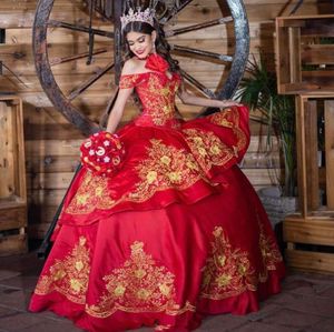 Czerwona luksusowa księżniczka meksykańska Charro Quinceanera sukienki z ramion złota haft haftowy gorset vestidos de 15 anos 2024