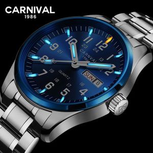 Carnival Top Luxury Mens Watches Tritium T25 Luminous Double Calendar Quartz Watch Men Waterproof Wristwatches Relogio Masculino T200409