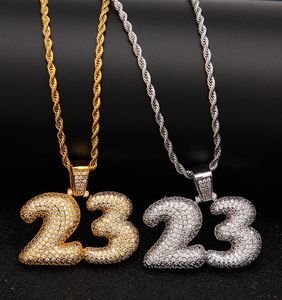 Uomini Lettera di bolle personalizzata numero 23 Necklace a sospensione hip hop full held out zirconi cubico sliver dorato cz stone3879589