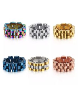 Luxury Rose Gold Blue Strap Ring Men 316L Rostfritt stål Kvinnor Watch Chain Rings smycken Fashion 8mm Wide Finger Band Dropship7478355