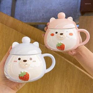 Mugs Cute Strawberry Ceramic Cup High-value Girl Heart Student Mug With Lid Spoon Net Red Cartoon Water