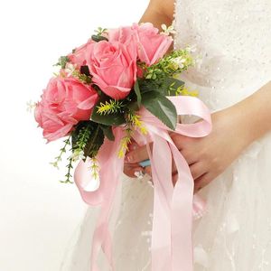 Dekoracyjne kwiaty trzymające sztuczny bukiet ślubny róży z jedwabną satynową wstążką ręczną walentynki dekoracja imprezowa