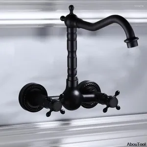 Bathroom Sink Faucets Full Copper Black Faucet Bathtub And Cold Water Two-Hand Wheel Into The Wall 360 Degree Rotating