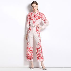 Fashion Loose Women's Set med bälte, blommigt tryck långärmad skjorta och hög midja blossade byxor 2 st, eleganta kontorsdamer