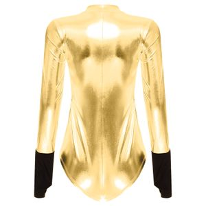 Womens Halloween Astronaut Role Play Costume Metallic Shiny Space Uniform Long Sleeve Leotard Catsuit Party Cosplay Clubwear