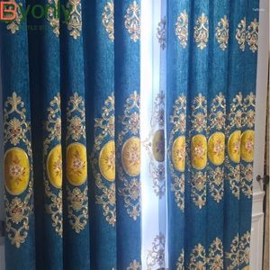 Curtain Blue Gold Wire Double Row Embroidered Window Screen Thickened Chenille Curtains For Living Room Balcony Bedroom French