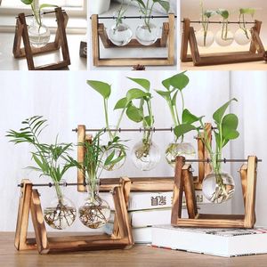 Vases Plant Glass Vase With Wooden Stand Transparent Terrarium Retro Tabletop Hydroponics Bonsai Home Decoration